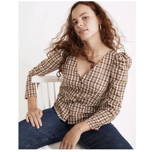 Madewell Tops - NEW Madewell Women's Westover Top Sandown Plaid Brown Size 8 Long Sleeve Neutral